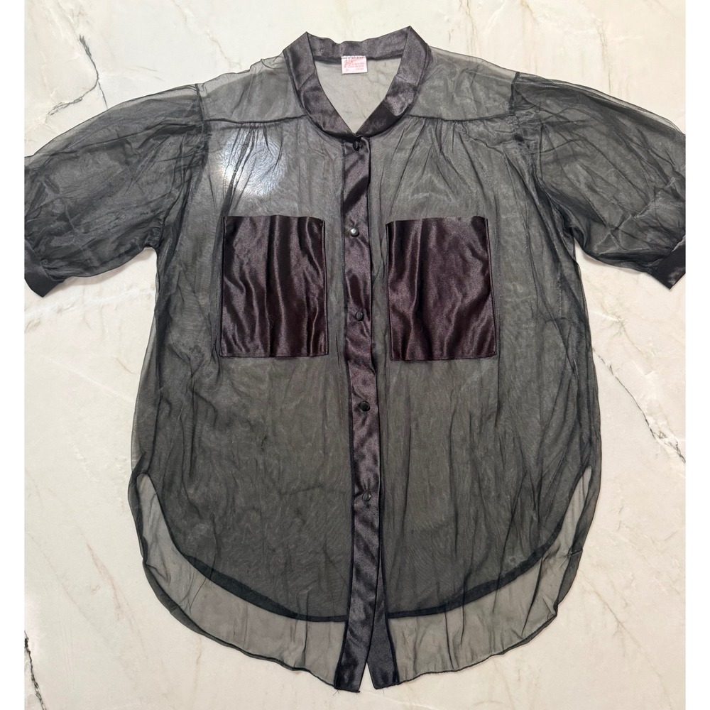 VTG Jill Andrea of New York Sheer Mesh Button Up Top Black Satin Pockets 2X USA